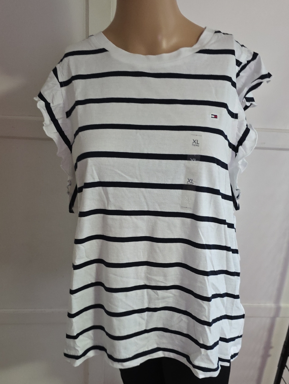 Tommy Hilfiger White & Navy Striped Ruffle Sleeve Tee